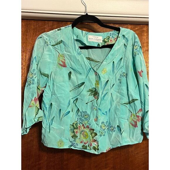 Saks Fifth Avenue Vintage Floral V-Neck Blouse Blue Quarter Length Sleeve Size M - Picture 1 of 4
